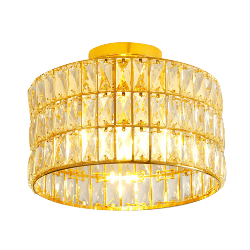 Simple Drum Semi Flush Ceiling Light 3 Bulbs Beveled Crystal Inserted Flush Mounted Fixture in Gold Clearhalo 'Ceiling Lights' 'Close To Ceiling Lights' 'Close to ceiling' 'Semi-flushmount' Lighting' 800498