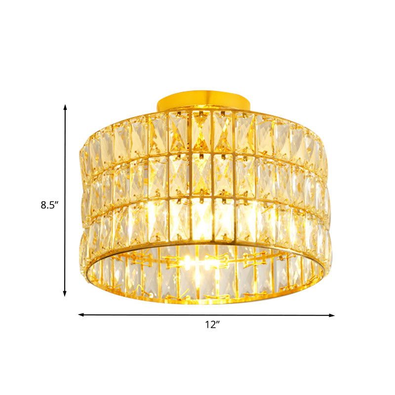 Simple Drum Semi Flush Ceiling Light 3 Bulbs Beveled Crystal Inserted Flush Mounted Fixture in Gold Clearhalo 'Ceiling Lights' 'Close To Ceiling Lights' 'Close to ceiling' 'Semi-flushmount' Lighting' 800499