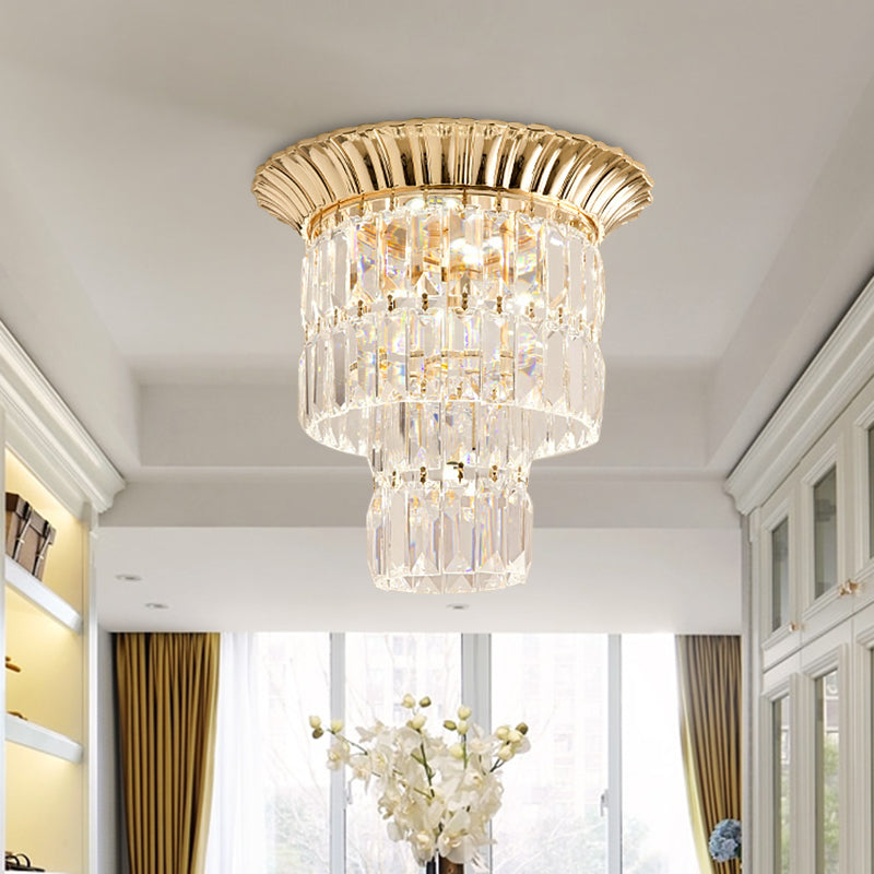 Chrome/Gold LED Flushmount Lamp Modernist Crystal Dual Shade Cylindrical Flush Mount Ceiling Fixture Gold Clearhalo 'Ceiling Lights' 'Close To Ceiling Lights' 'Close to ceiling' 'Flush mount' Lighting' 800520