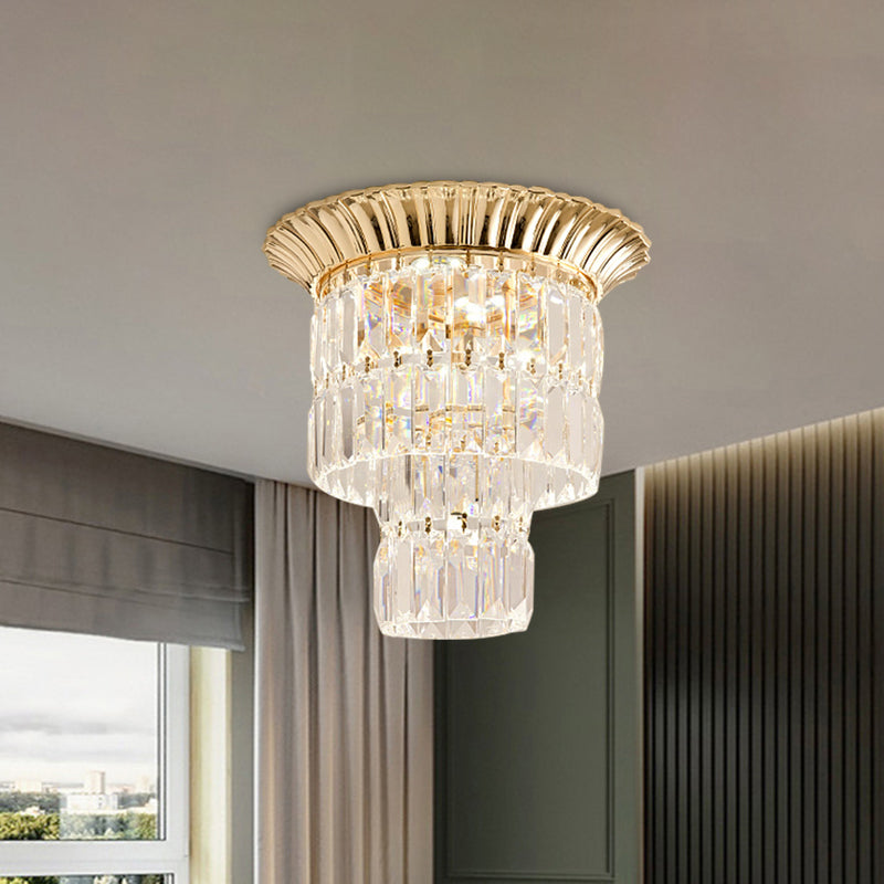 Chrome/Gold LED Flushmount Lamp Modernist Crystal Dual Shade Cylindrical Flush Mount Ceiling Fixture Clearhalo 'Ceiling Lights' 'Close To Ceiling Lights' 'Close to ceiling' 'Flush mount' Lighting' 800521