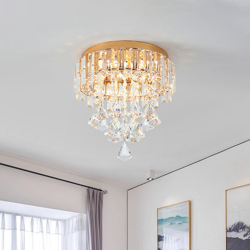 3 Heads K9 Crystal Ceiling Flush Light Contemporary Gold Circle Flushmount with Drape Gold Clearhalo 'Ceiling Lights' 'Close To Ceiling Lights' 'Close to ceiling' 'Flush mount' Lighting' 800524