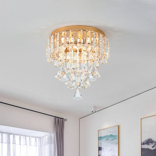 3 Heads K9 Crystal Ceiling Flush Light Contemporary Gold Circle Flushmount with Drape Gold Clearhalo 'Ceiling Lights' 'Close To Ceiling Lights' 'Close to ceiling' 'Flush mount' Lighting' 800524