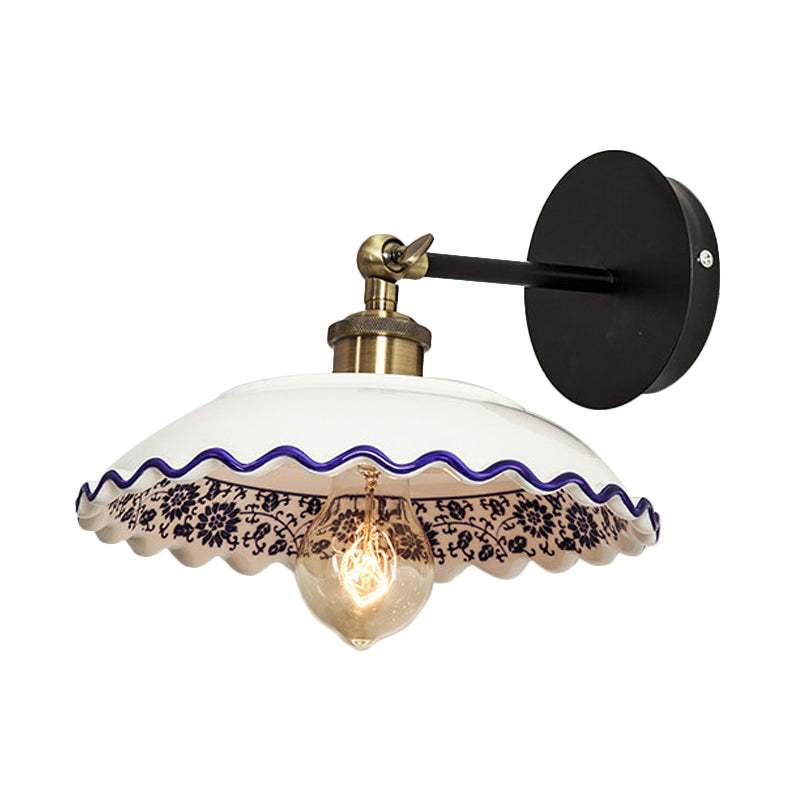 1 Light Wall Mount Lighting Vintage Restaurant Wall Lamp Fixture with Wave/Scalloped Bowl/Bowl Ceramics Shade in White Clearhalo 'Wall Lamps & Sconces' 'Wall Lights' Lighting' 800535