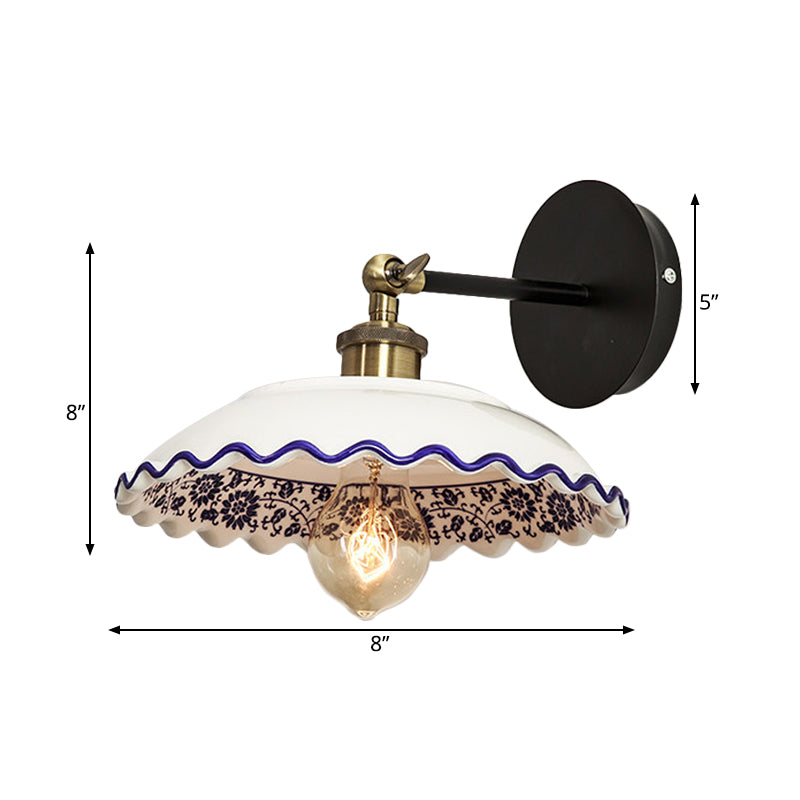 1 Light Wall Mount Lighting Vintage Restaurant Wall Lamp Fixture with Wave/Scalloped Bowl/Bowl Ceramics Shade in White Clearhalo 'Wall Lamps & Sconces' 'Wall Lights' Lighting' 800536