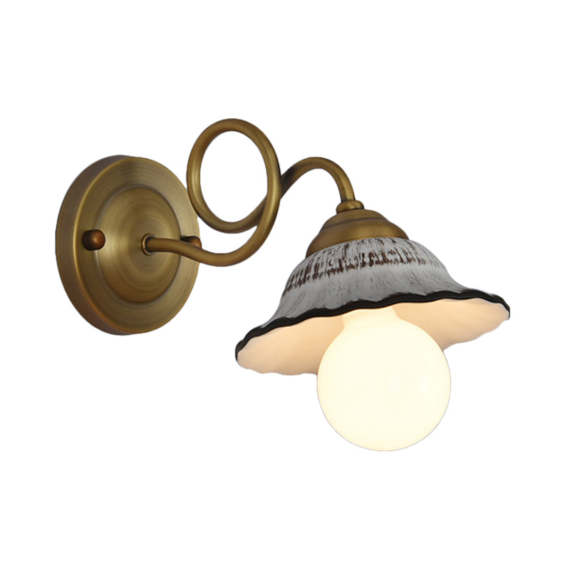 Antiqued Scalloped Saucer Wall Lighting Ideas 1 Head Ceramics Wall Mount Lamp Fixture with Brass Twisted Arm Clearhalo 'Wall Lamps & Sconces' 'Wall Lights' Lighting' 800543