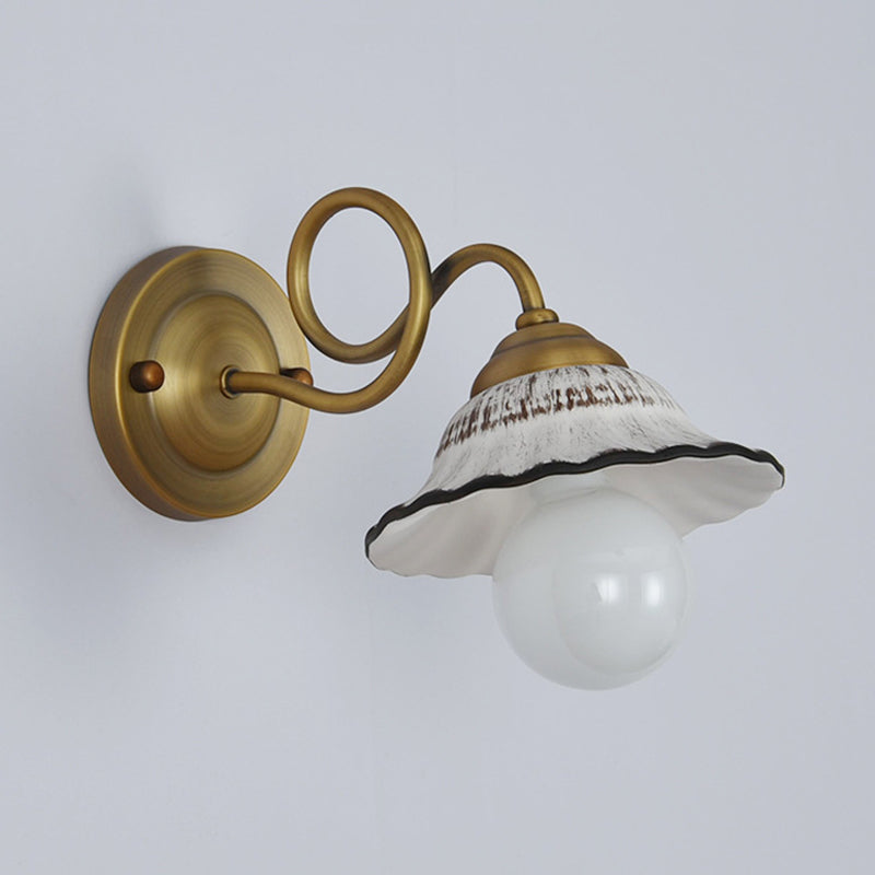 Antiqued Scalloped Saucer Wall Lighting Ideas 1 Head Ceramics Wall Mount Lamp Fixture with Brass Twisted Arm Clearhalo 'Wall Lamps & Sconces' 'Wall Lights' Lighting' 800544