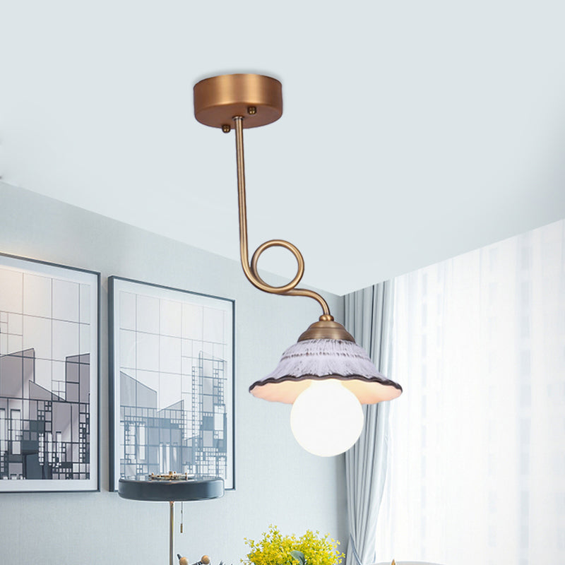 Ceramics Scalloped Cone Semi Flush Light Korea Country 1/2/3-Bulb Coffee House Close to Ceiling Lamp in White with Brass Spiral Arm 1 Brass Clearhalo 'Ceiling Lights' 'Close To Ceiling Lights' 'Close to ceiling' 'Semi-flushmount' Lighting' 800558