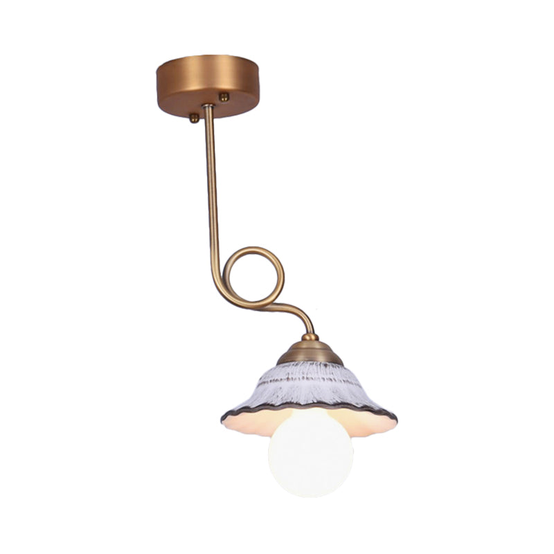 Ceramics Scalloped Cone Semi Flush Light Korea Country 1/2/3-Bulb Coffee House Close to Ceiling Lamp in White with Brass Spiral Arm Clearhalo 'Ceiling Lights' 'Close To Ceiling Lights' 'Close to ceiling' 'Semi-flushmount' Lighting' 800560