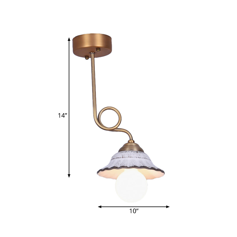 Ceramics Scalloped Cone Semi Flush Light Korea Country 1/2/3-Bulb Coffee House Close to Ceiling Lamp in White with Brass Spiral Arm Clearhalo 'Ceiling Lights' 'Close To Ceiling Lights' 'Close to ceiling' 'Semi-flushmount' Lighting' 800561