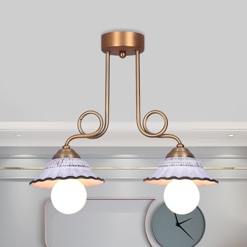 Ceramics Scalloped Cone Semi Flush Light Korea Country 1/2/3-Bulb Coffee House Close to Ceiling Lamp in White with Brass Spiral Arm 2 Brass Clearhalo 'Ceiling Lights' 'Close To Ceiling Lights' 'Close to ceiling' 'Semi-flushmount' Lighting' 800562