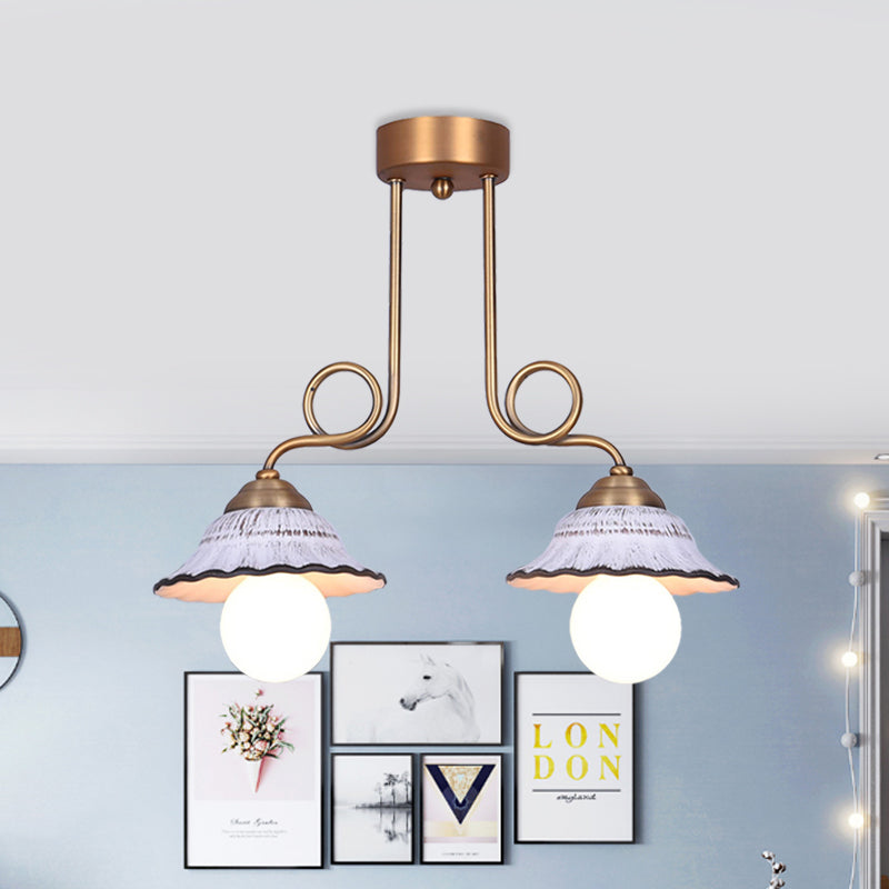 Ceramics Scalloped Cone Semi Flush Light Korea Country 1/2/3-Bulb Coffee House Close to Ceiling Lamp in White with Brass Spiral Arm Clearhalo 'Ceiling Lights' 'Close To Ceiling Lights' 'Close to ceiling' 'Semi-flushmount' Lighting' 800563