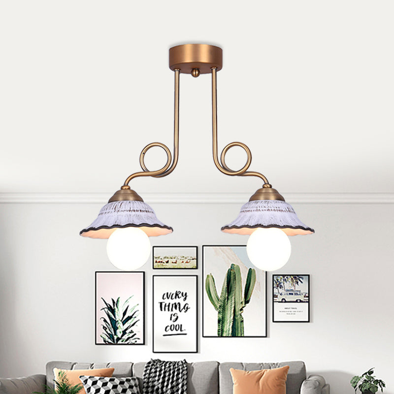 Ceramics Scalloped Cone Semi Flush Light Korea Country 1/2/3-Bulb Coffee House Close to Ceiling Lamp in White with Brass Spiral Arm Clearhalo 'Ceiling Lights' 'Close To Ceiling Lights' 'Close to ceiling' 'Semi-flushmount' Lighting' 800564