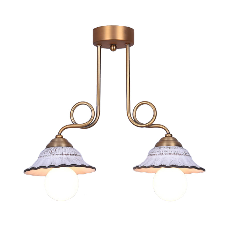 Ceramics Scalloped Cone Semi Flush Light Korea Country 1/2/3-Bulb Coffee House Close to Ceiling Lamp in White with Brass Spiral Arm Clearhalo 'Ceiling Lights' 'Close To Ceiling Lights' 'Close to ceiling' 'Semi-flushmount' Lighting' 800565