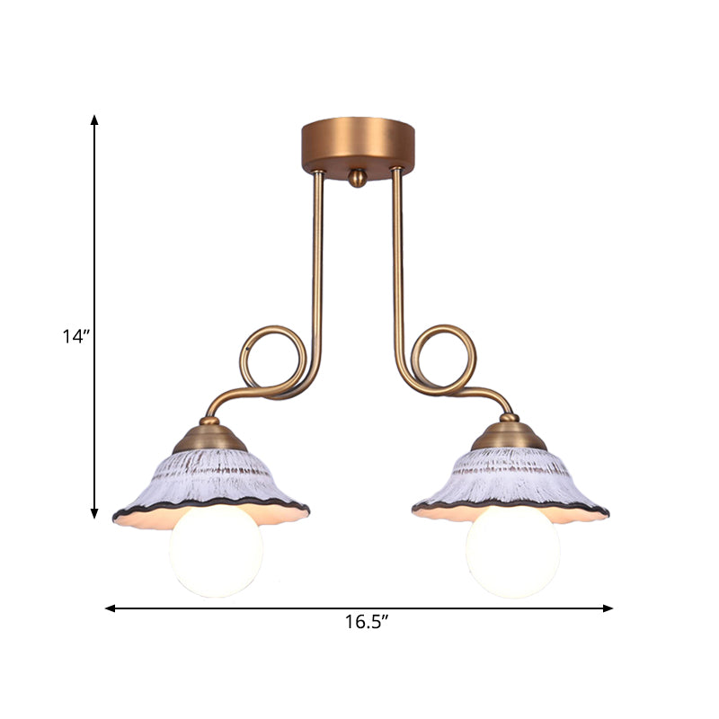 Ceramics Scalloped Cone Semi Flush Light Korea Country 1/2/3-Bulb Coffee House Close to Ceiling Lamp in White with Brass Spiral Arm Clearhalo 'Ceiling Lights' 'Close To Ceiling Lights' 'Close to ceiling' 'Semi-flushmount' Lighting' 800566