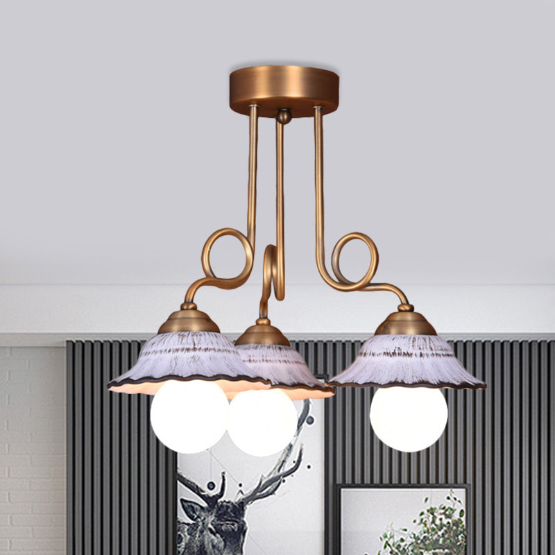 Ceramics Scalloped Cone Semi Flush Light Korea Country 1/2/3-Bulb Coffee House Close to Ceiling Lamp in White with Brass Spiral Arm 3 Brass Clearhalo 'Ceiling Lights' 'Close To Ceiling Lights' 'Close to ceiling' 'Semi-flushmount' Lighting' 800567