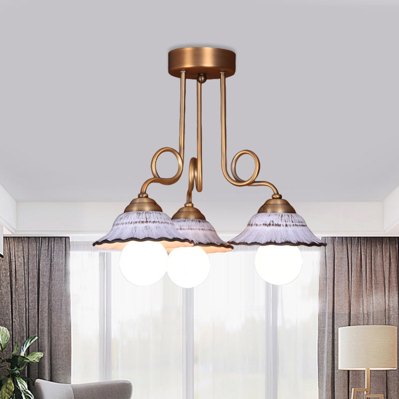 Ceramics Scalloped Cone Semi Flush Light Korea Country 1/2/3-Bulb Coffee House Close to Ceiling Lamp in White with Brass Spiral Arm Clearhalo 'Ceiling Lights' 'Close To Ceiling Lights' 'Close to ceiling' 'Semi-flushmount' Lighting' 800568