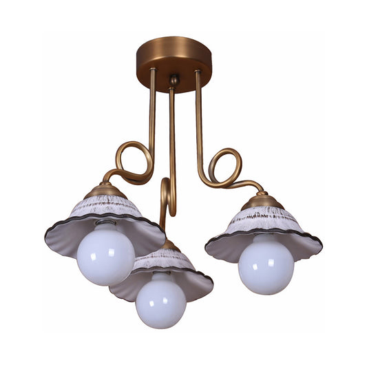 Ceramics Scalloped Cone Semi Flush Light Korea Country 1/2/3-Bulb Coffee House Close to Ceiling Lamp in White with Brass Spiral Arm Clearhalo 'Ceiling Lights' 'Close To Ceiling Lights' 'Close to ceiling' 'Semi-flushmount' Lighting' 800569