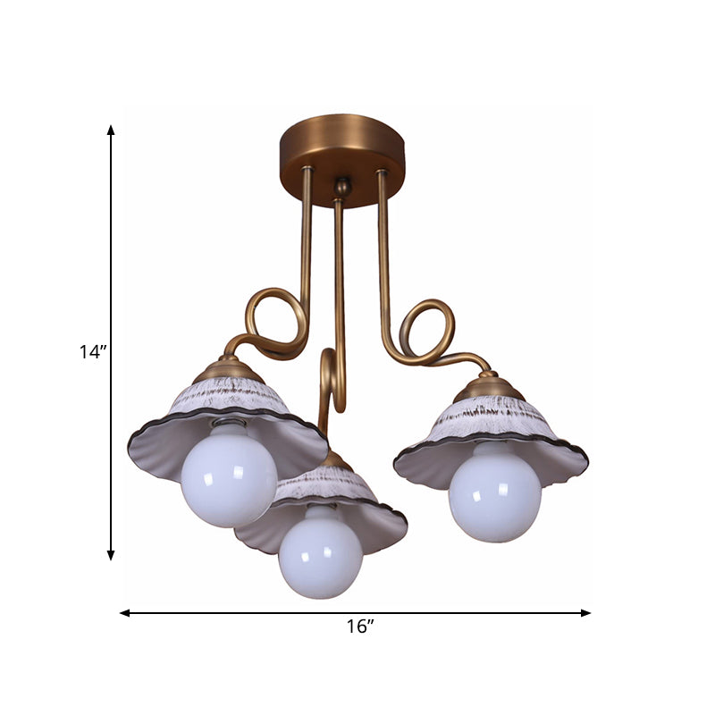 Ceramics Scalloped Cone Semi Flush Light Korea Country 1/2/3-Bulb Coffee House Close to Ceiling Lamp in White with Brass Spiral Arm Clearhalo 'Ceiling Lights' 'Close To Ceiling Lights' 'Close to ceiling' 'Semi-flushmount' Lighting' 800570