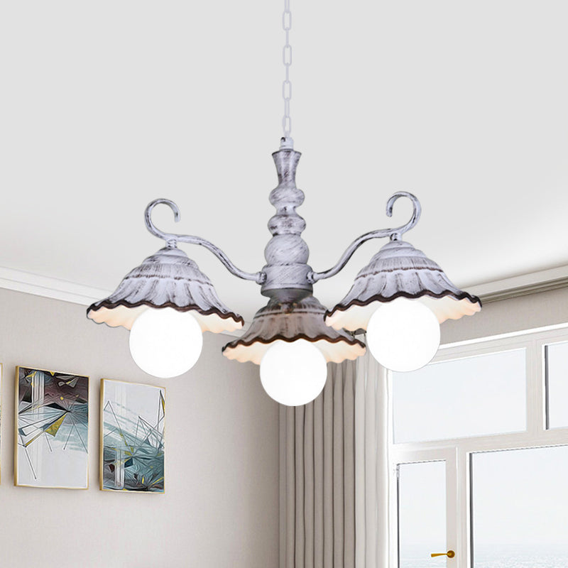 3/5 Bulbs Pendant Chandelier Countryside Scalloped Conic Ceramics Down Lighting in White Clearhalo 'Ceiling Lights' 'Chandeliers' Lighting' options 800571