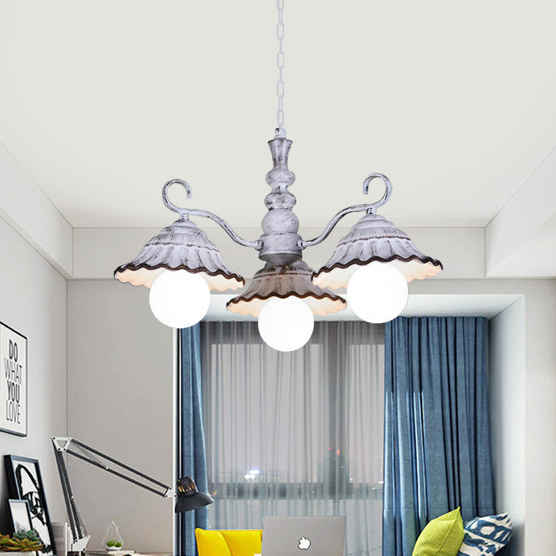 3/5 Bulbs Pendant Chandelier Countryside Scalloped Conic Ceramics Down Lighting in White Clearhalo 'Ceiling Lights' 'Chandeliers' Lighting' options 800572