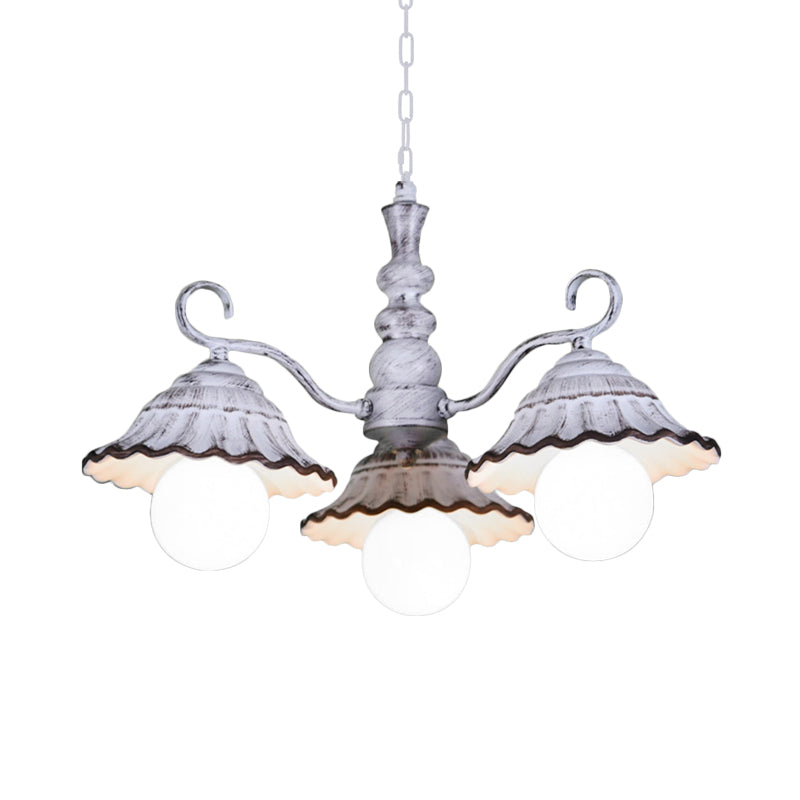 3/5 Bulbs Pendant Chandelier Countryside Scalloped Conic Ceramics Down Lighting in White Clearhalo 'Ceiling Lights' 'Chandeliers' Lighting' options 800573