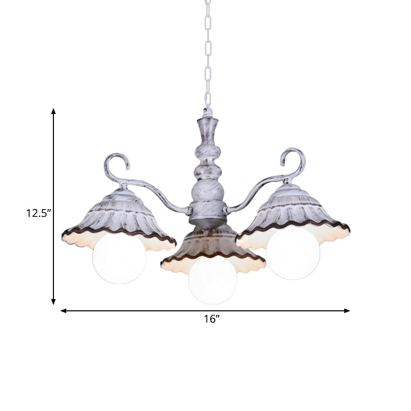 3/5 Bulbs Pendant Chandelier Countryside Scalloped Conic Ceramics Down Lighting in White Clearhalo 'Ceiling Lights' 'Chandeliers' Lighting' options 800574