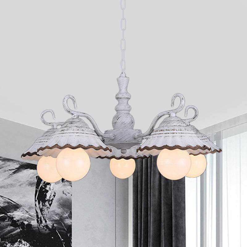 3/5 Bulbs Pendant Chandelier Countryside Scalloped Conic Ceramics Down Lighting in White Clearhalo 'Ceiling Lights' 'Chandeliers' Lighting' options 800575