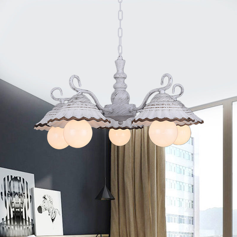 3/5 Bulbs Pendant Chandelier Countryside Scalloped Conic Ceramics Down Lighting in White Clearhalo 'Ceiling Lights' 'Chandeliers' Lighting' options 800576