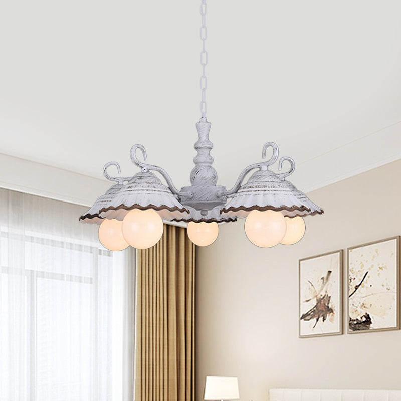 3/5 Bulbs Pendant Chandelier Countryside Scalloped Conic Ceramics Down Lighting in White Clearhalo 'Ceiling Lights' 'Chandeliers' Lighting' options 800577