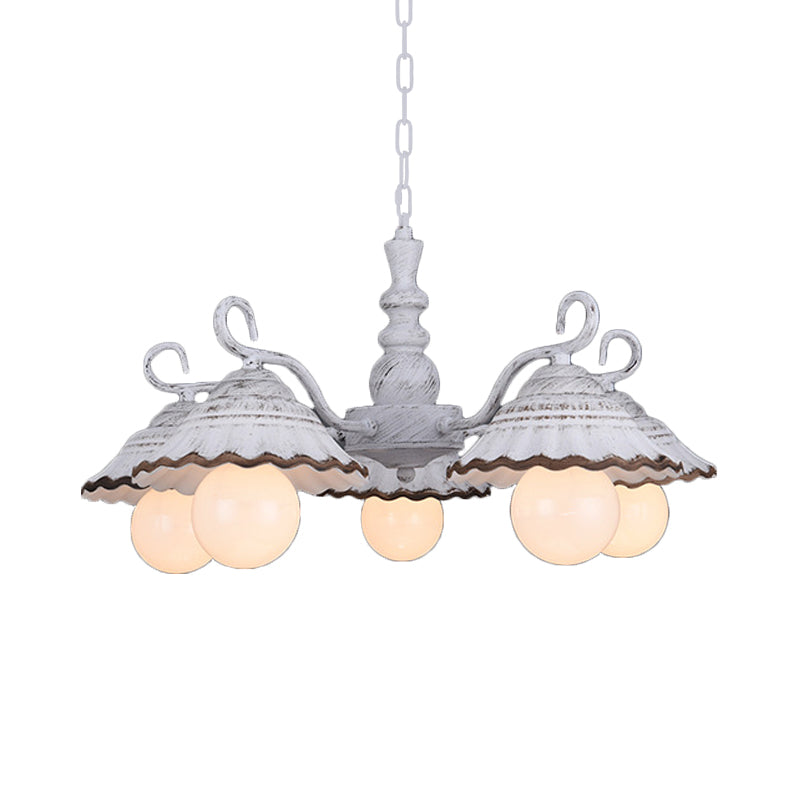 3/5 Bulbs Pendant Chandelier Countryside Scalloped Conic Ceramics Down Lighting in White Clearhalo 'Ceiling Lights' 'Chandeliers' Lighting' options 800578