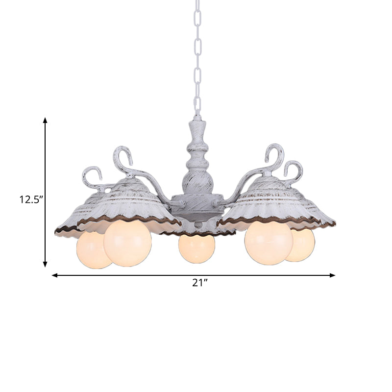 3/5 Bulbs Pendant Chandelier Countryside Scalloped Conic Ceramics Down Lighting in White Clearhalo 'Ceiling Lights' 'Chandeliers' Lighting' options 800579