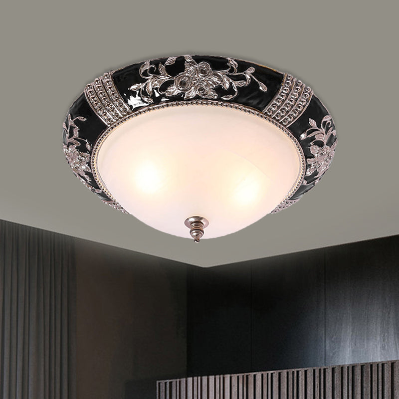 Carved Rose Bedroom Ceiling Flush Nordic Style Resin 3 Lights 14"/19.5" W Black Finish Flush Mount Fixture with Dome White Glass Shade Black 14" Clearhalo 'Ceiling Lights' 'Close To Ceiling Lights' 'Close to ceiling' 'Flush mount' Lighting' 800580