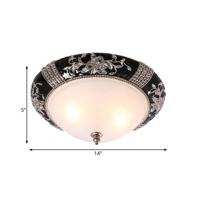 Carved Rose Bedroom Ceiling Flush Nordic Style Resin 3 Lights 14"/19.5" W Black Finish Flush Mount Fixture with Dome White Glass Shade Clearhalo 'Ceiling Lights' 'Close To Ceiling Lights' 'Close to ceiling' 'Flush mount' Lighting' 800583