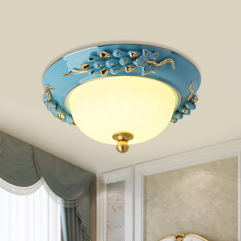 12"/14" Wide LED Dome Ceiling Mounted Light Farmhouse Yellow/Blue Frosted Glass Flush Lamp with Grape Ceramics Deco Blue Clearhalo 'Ceiling Lights' 'Close To Ceiling Lights' 'Close to ceiling' 'Flush mount' Lighting' 800595