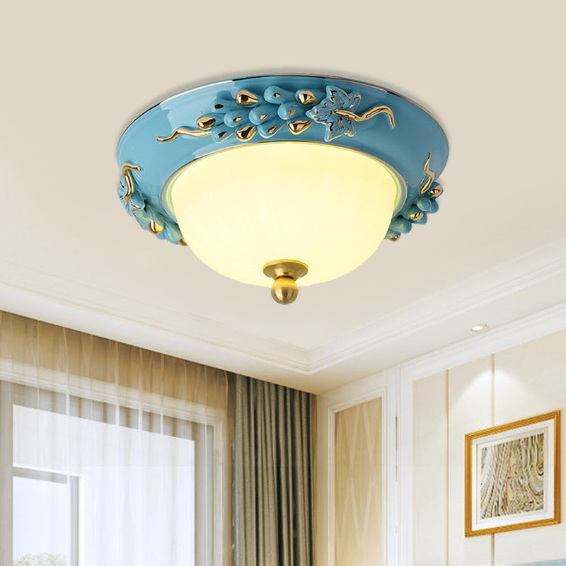 12"/14" Wide LED Dome Ceiling Mounted Light Farmhouse Yellow/Blue Frosted Glass Flush Lamp with Grape Ceramics Deco Clearhalo 'Ceiling Lights' 'Close To Ceiling Lights' 'Close to ceiling' 'Flush mount' Lighting' 800596