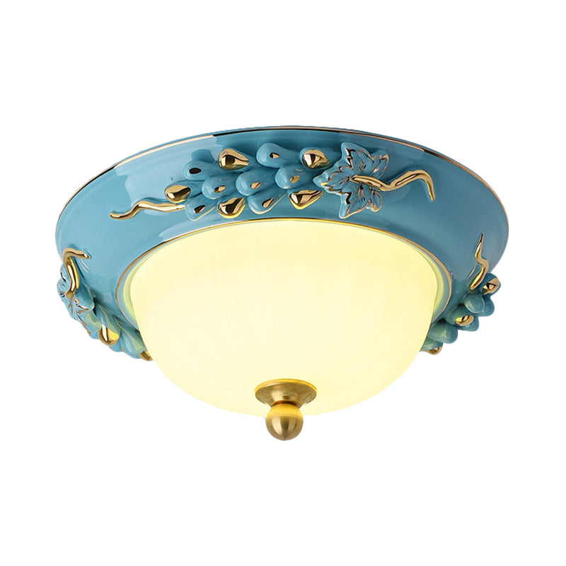 12"/14" Wide LED Dome Ceiling Mounted Light Farmhouse Yellow/Blue Frosted Glass Flush Lamp with Grape Ceramics Deco Clearhalo 'Ceiling Lights' 'Close To Ceiling Lights' 'Close to ceiling' 'Flush mount' Lighting' 800597