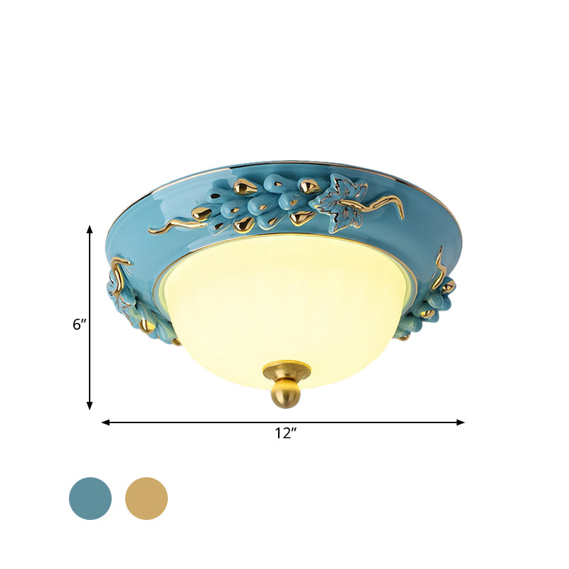 12"/14" Wide LED Dome Ceiling Mounted Light Farmhouse Yellow/Blue Frosted Glass Flush Lamp with Grape Ceramics Deco Clearhalo 'Ceiling Lights' 'Close To Ceiling Lights' 'Close to ceiling' 'Flush mount' Lighting' 800598