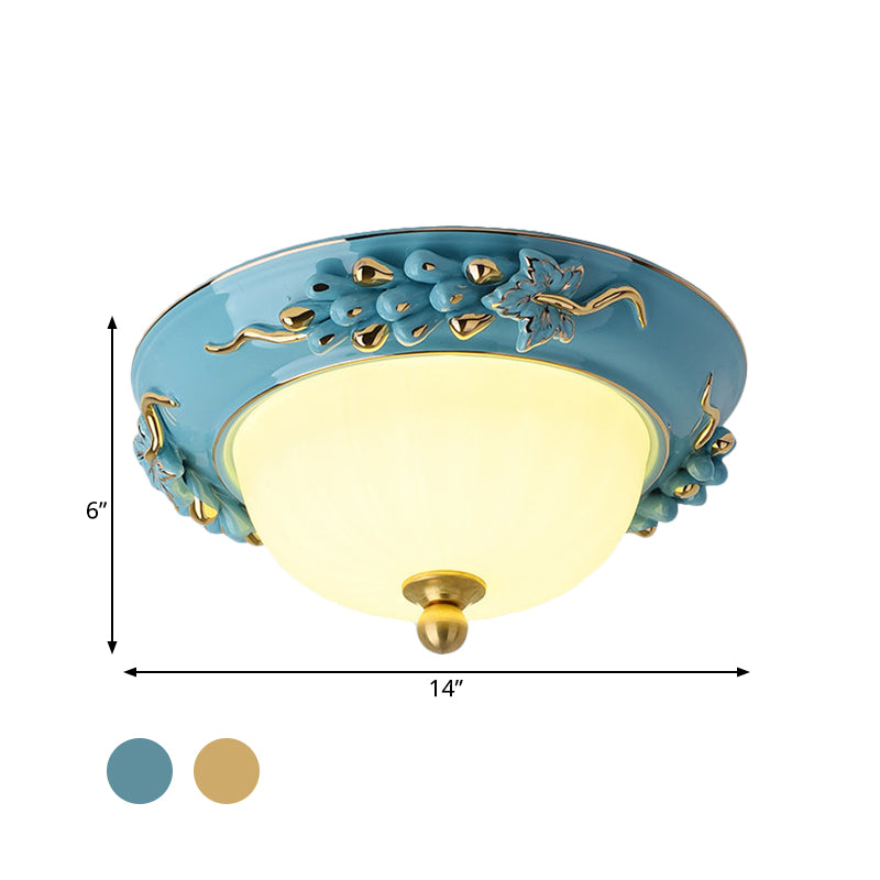 12"/14" Wide LED Dome Ceiling Mounted Light Farmhouse Yellow/Blue Frosted Glass Flush Lamp with Grape Ceramics Deco Clearhalo 'Ceiling Lights' 'Close To Ceiling Lights' 'Close to ceiling' 'Flush mount' Lighting' 800599