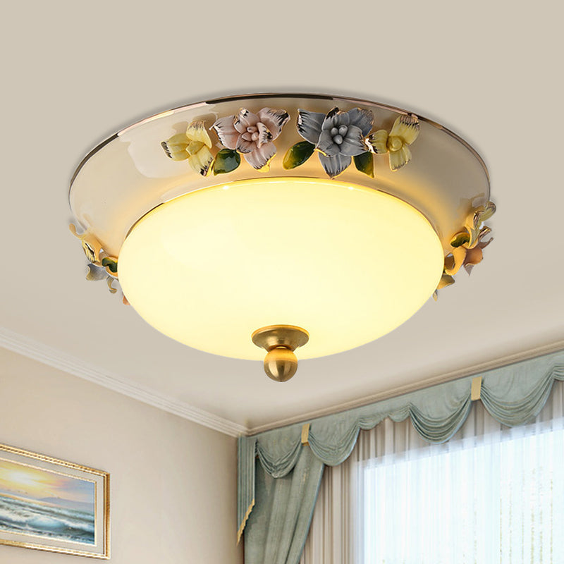 12"/14" Wide LED Dome Ceiling Mounted Light Farmhouse Yellow/Blue Frosted Glass Flush Lamp with Grape Ceramics Deco Yellow Clearhalo 'Ceiling Lights' 'Close To Ceiling Lights' 'Close to ceiling' 'Flush mount' Lighting' 800600