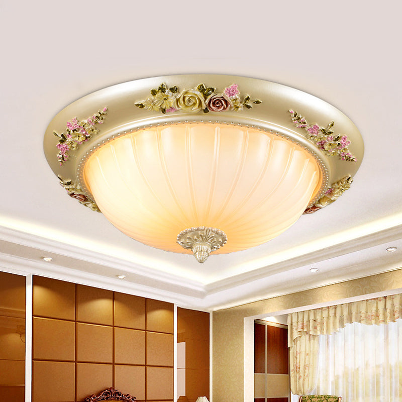 Korean Countryside Dome Flushmount 12.5"/14.5"/19" W 2 Heads Prismatic Glass Flush Mount Ceiling Light in Gold with Flower Decor Gold Clearhalo 'Ceiling Lights' 'Close To Ceiling Lights' 'Close to ceiling' 'Flush mount' Lighting' 800604