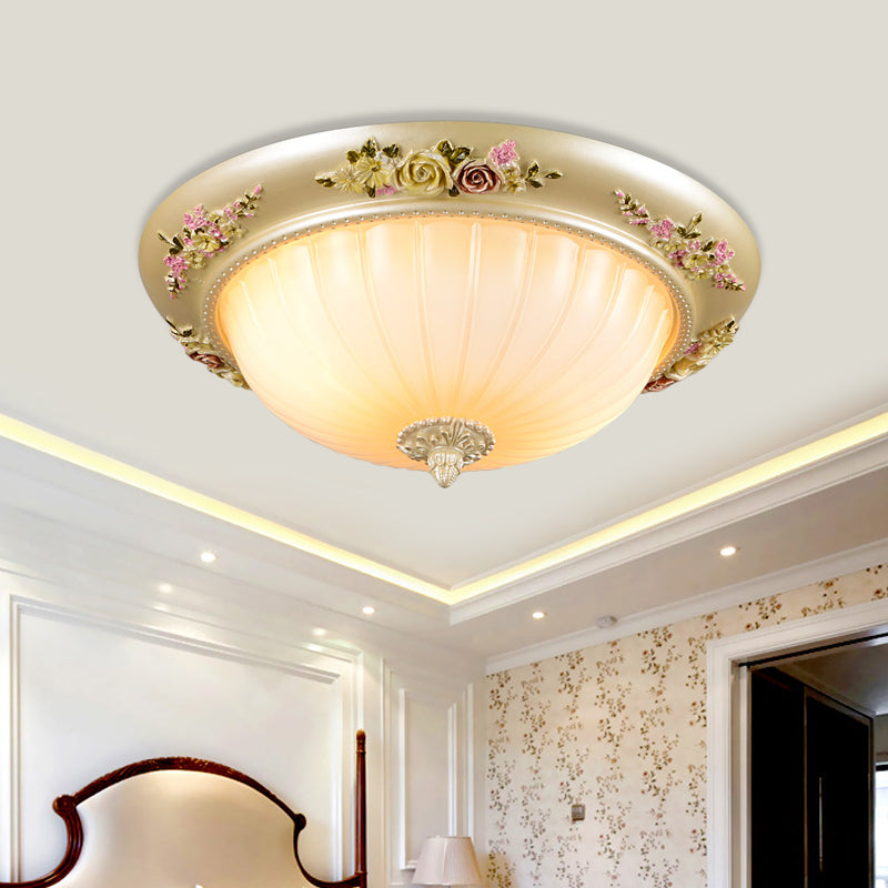 Korean Countryside Dome Flushmount 12.5"/14.5"/19" W 2 Heads Prismatic Glass Flush Mount Ceiling Light in Gold with Flower Decor Clearhalo 'Ceiling Lights' 'Close To Ceiling Lights' 'Close to ceiling' 'Flush mount' Lighting' 800605