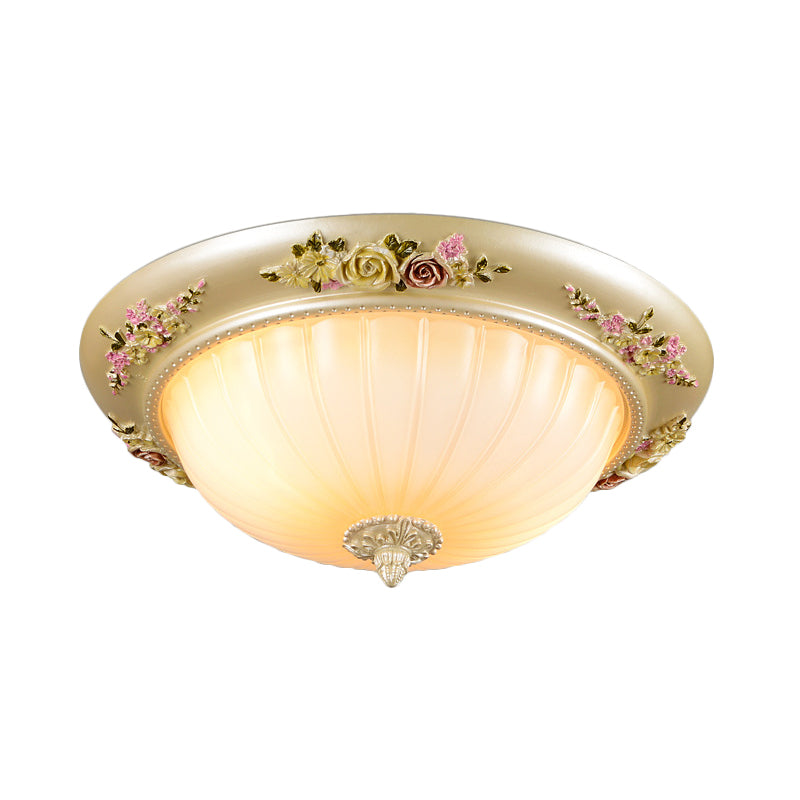 Korean Countryside Dome Flushmount 12.5"/14.5"/19" W 2 Heads Prismatic Glass Flush Mount Ceiling Light in Gold with Flower Decor Clearhalo 'Ceiling Lights' 'Close To Ceiling Lights' 'Close to ceiling' 'Flush mount' Lighting' 800606