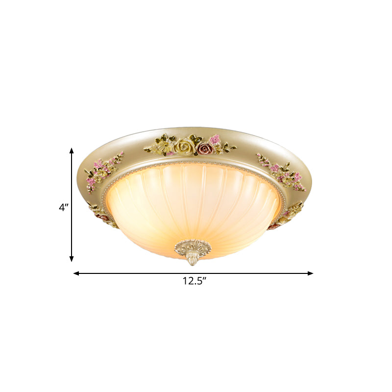 Korean Countryside Dome Flushmount 12.5"/14.5"/19" W 2 Heads Prismatic Glass Flush Mount Ceiling Light in Gold with Flower Decor Clearhalo 'Ceiling Lights' 'Close To Ceiling Lights' 'Close to ceiling' 'Flush mount' Lighting' 800607