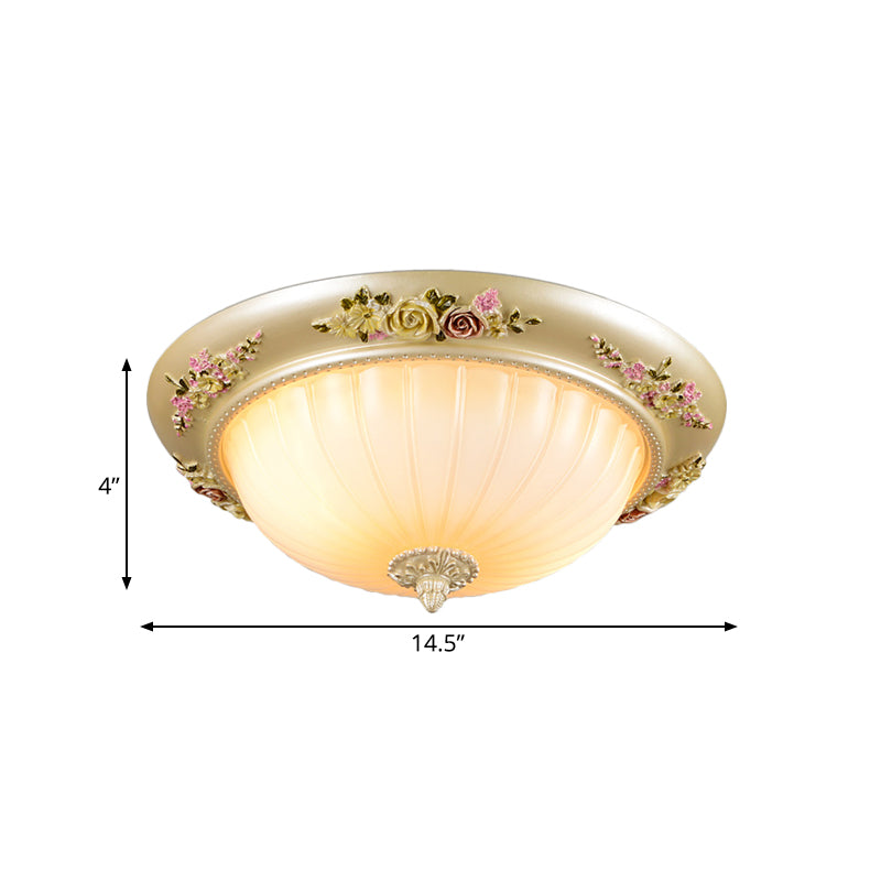 Korean Countryside Dome Flushmount 12.5"/14.5"/19" W 2 Heads Prismatic Glass Flush Mount Ceiling Light in Gold with Flower Decor Clearhalo 'Ceiling Lights' 'Close To Ceiling Lights' 'Close to ceiling' 'Flush mount' Lighting' 800608