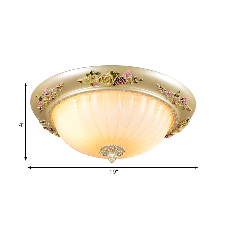 Korean Countryside Dome Flushmount 12.5"/14.5"/19" W 2 Heads Prismatic Glass Flush Mount Ceiling Light in Gold with Flower Decor Clearhalo 'Ceiling Lights' 'Close To Ceiling Lights' 'Close to ceiling' 'Flush mount' Lighting' 800609