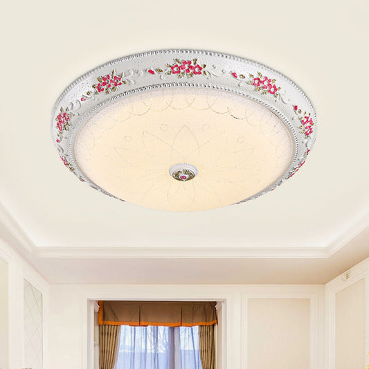 12"/16" W Carved Rose Bedroom Flush Lighting Korea Countryside Resin LED White and Pink Flush Lamp with Frosted Glass Shade White Clearhalo 'Ceiling Lights' 'Close To Ceiling Lights' 'Close to ceiling' 'Flush mount' Lighting' 800619