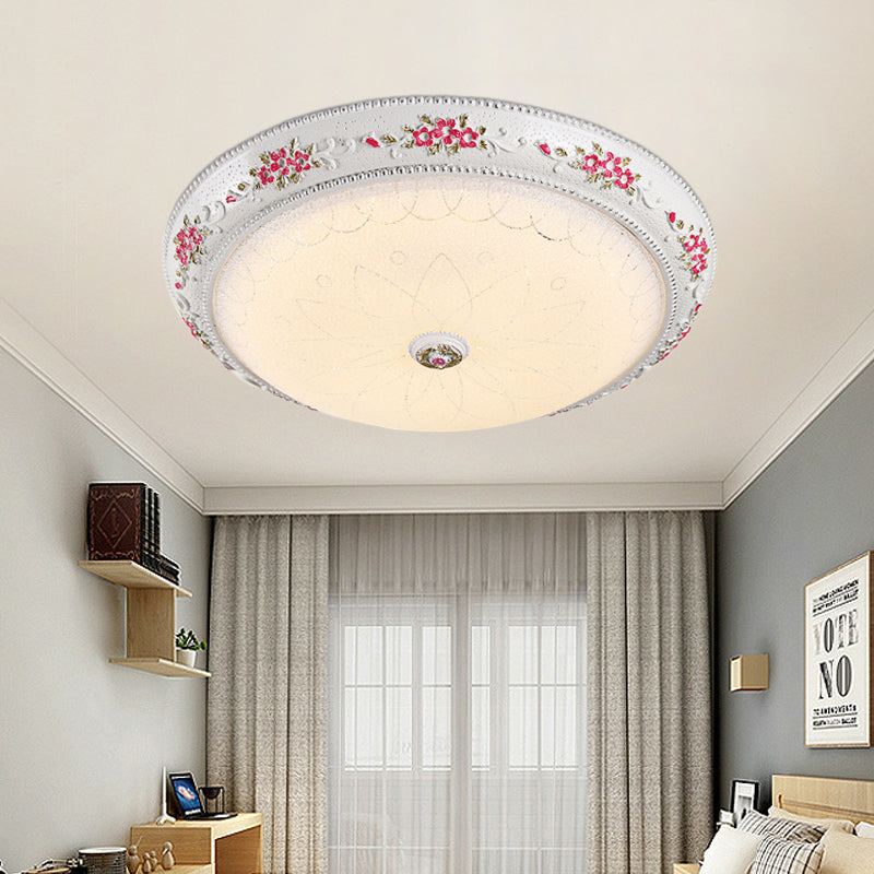 12"/16" W Carved Rose Bedroom Flush Lighting Korea Countryside Resin LED White and Pink Flush Lamp with Frosted Glass Shade Clearhalo 'Ceiling Lights' 'Close To Ceiling Lights' 'Close to ceiling' 'Flush mount' Lighting' 800620