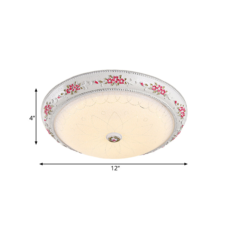 12"/16" W Carved Rose Bedroom Flush Lighting Korea Countryside Resin LED White and Pink Flush Lamp with Frosted Glass Shade Clearhalo 'Ceiling Lights' 'Close To Ceiling Lights' 'Close to ceiling' 'Flush mount' Lighting' 800622