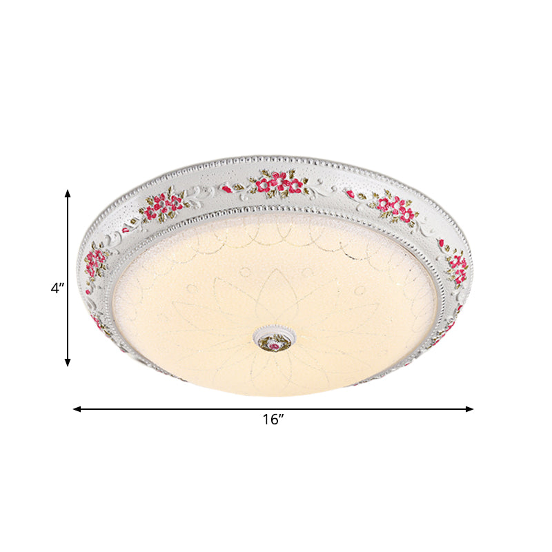 12"/16" W Carved Rose Bedroom Flush Lighting Korea Countryside Resin LED White and Pink Flush Lamp with Frosted Glass Shade Clearhalo 'Ceiling Lights' 'Close To Ceiling Lights' 'Close to ceiling' 'Flush mount' Lighting' 800623