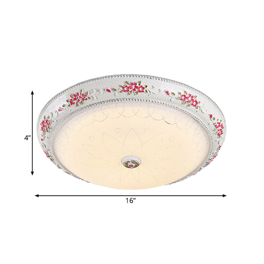 12"/16" W Carved Rose Bedroom Flush Lighting Korea Countryside Resin LED White and Pink Flush Lamp with Frosted Glass Shade Clearhalo 'Ceiling Lights' 'Close To Ceiling Lights' 'Close to ceiling' 'Flush mount' Lighting' 800623